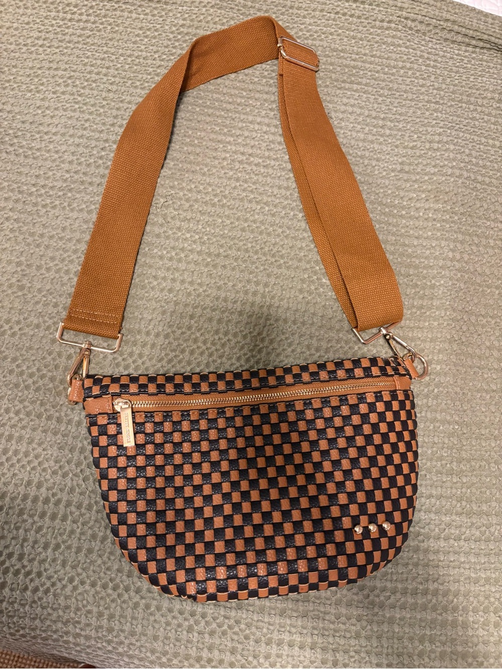 Pretty Simple Woven Checker Crossbody Bag in Cognac and Black with Wide Strap